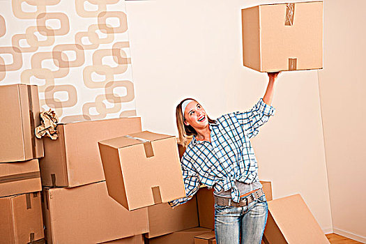 搬家,女人,拿着,大,纸盒,盒子,新家
