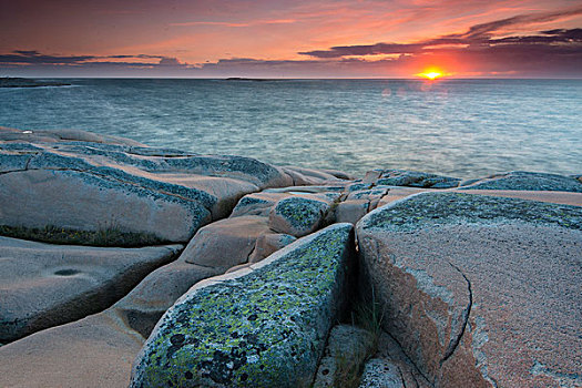 石头,日落,晚间,气氛,海岸线,靠近,布胡斯,省,瑞典,欧洲
