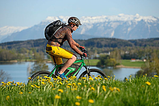 骑车,电,自行车,正面,看,湖,区域,上巴伐利亚,巴伐利亚,德国,欧洲