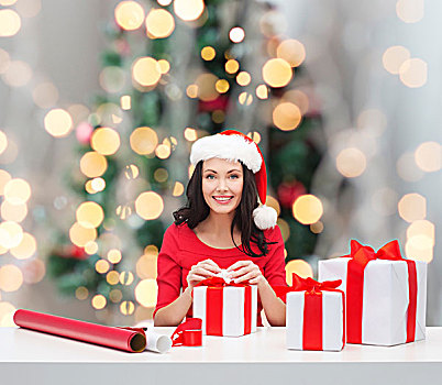 休假,庆贺,装饰,人,概念,微笑,女人,圣诞老人,帽子,纸,包装,礼盒,上方,圣诞树,背景