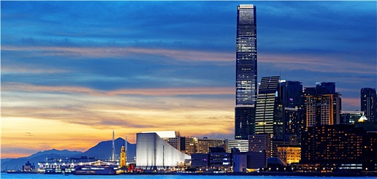 香港,天際線,日落