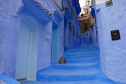 发光,蓝色,涂绘,陡峭,小路,楼梯,麦地那,舍夫沙万,摩洛哥