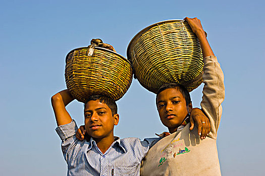 年轻,男孩,篮子,头部,世界遗产,孙德尔本斯地区,孟加拉,亚洲