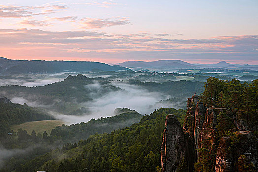 晨雾,山谷,风景,撒克逊瑞士,萨克森,德国,欧洲