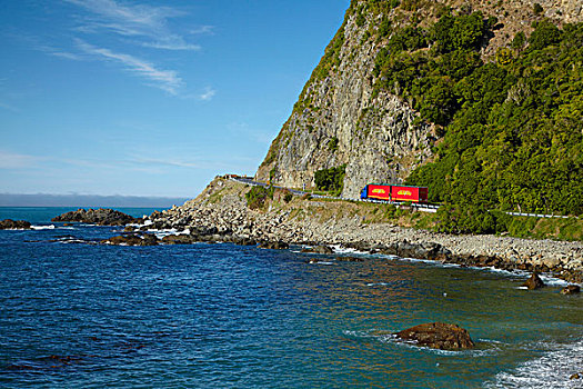 红色,新西兰,快递,卡车,公路,一个,海岸,马尔伯勒,南岛