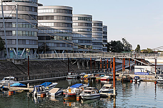 现代,办公室,建筑,五个,船,码头,杜伊斯堡,内港,区域,北莱茵威斯特伐利亚,德国,欧洲