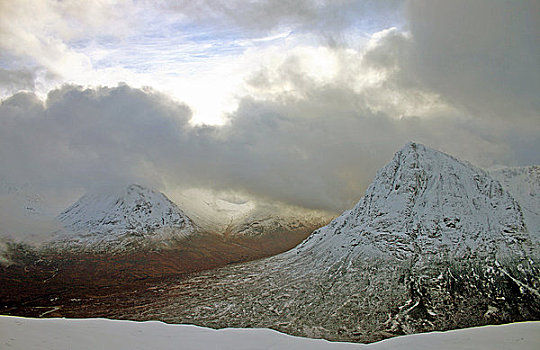 苏格兰,高地,叩依谷,积雪,山峦,风暴,天空