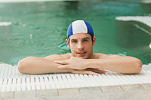 微笑,男人,游泳池,穿,游泳帽
