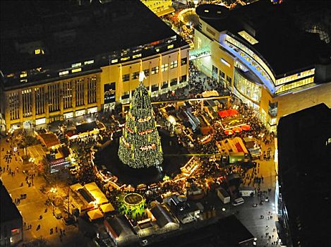 夜景,市中心,教堂,圣诞市场,圣诞树,街道,多特蒙德,鲁尔区,北莱茵威斯特伐利亚,德国,欧洲