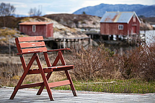 红色,木椅,小,挪威,乡村,海岸