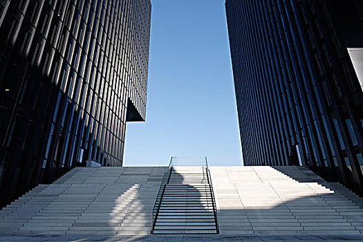 宽,阶梯,向上,两个,摩天大楼,港口,北莱茵-威斯特伐利亚,德国,欧洲