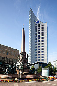 喷泉,高层建筑,建筑,公用,广播公司,莱比锡,萨克森,德国,欧洲
