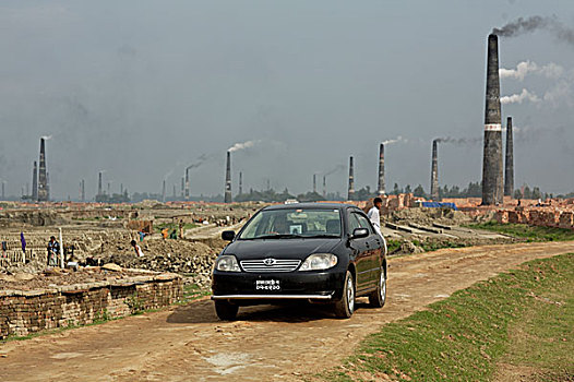 砖,工厂,近郊,达卡,孟加拉,浓厚,黑烟,烟囱,姿势,严肃,威胁,环境,二月,2007年