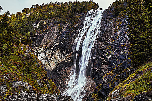 瀑布,挪威,秋天,红色,彩色