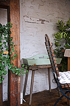 淡色调,绿色,托盘,旧式,凳子,乡村,墙壁,温室