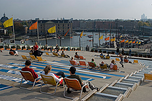 日光浴,屋顶,国家科技中心,东方,港口,阿姆斯特丹