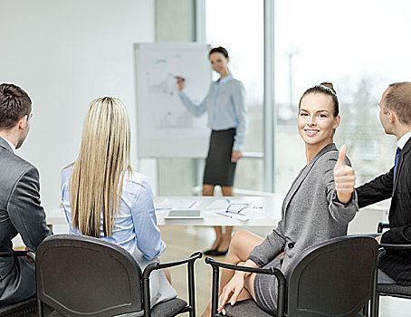 商务,办公室,成功,概念,微笑,职业女性,团队,展示,竖大拇指