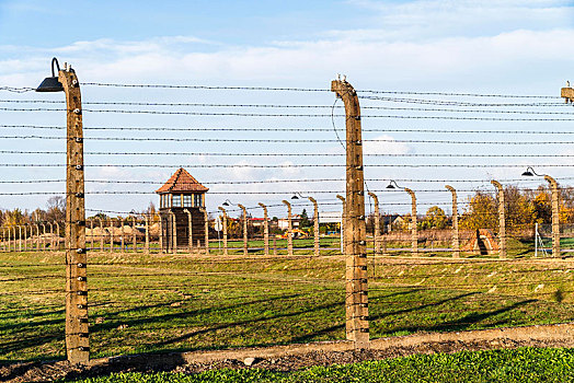 刺铁丝网,瞭望塔,围绕,奥斯威辛,集中营,波兰,欧洲