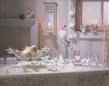 圣诞节,玻璃器具,桌上,白色,桌布,蜡烛,小玩意儿
