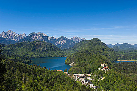 全景,阿尔卑斯山,城堡,湖,靠近,巴伐利亚阿尔卑斯山,上巴伐利亚,巴伐利亚,德国,欧洲