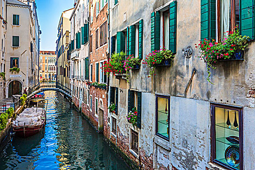 特写,建筑,排列,运河,早晨,威尼斯,意大利