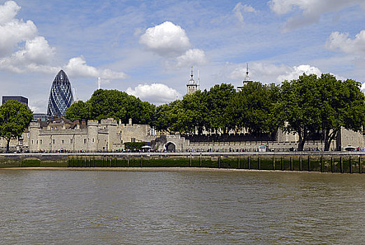英格兰,伦敦,伦敦塔,两个,地标建筑,瑞士再保险塔,船,泰晤士河