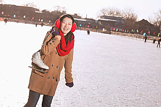 美女,拿着,向上,滑冰,户外,北京