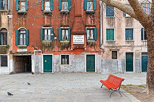 欧洲,意大利,威尼托,威尼斯,风景,草原,红色,长椅