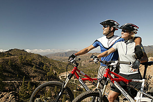 西班牙,大卡纳利岛,一对,山地自行车,自行车,运动,风景