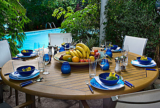 花园桌,餐饭,蓝色,瓷器,异域风情,黄花,相互,餐具摆放