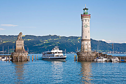游船,灯塔,港口,入口,博登湖区,康士坦茨湖,巴伐利亚,德国,欧洲