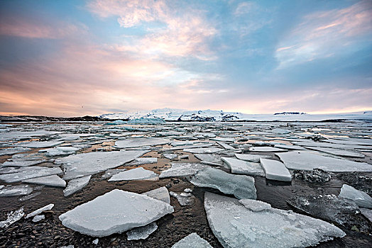 浮冰,冰河,杰古沙龙湖,泻湖,湖,日落,南方,边缘,瓦特纳冰川,东南部,冰岛,欧洲