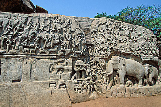 浅浮雕,下降,忏悔,马哈拉里普林,马哈巴利普兰,泰米尔纳德邦,印度南部,印度,亚洲
