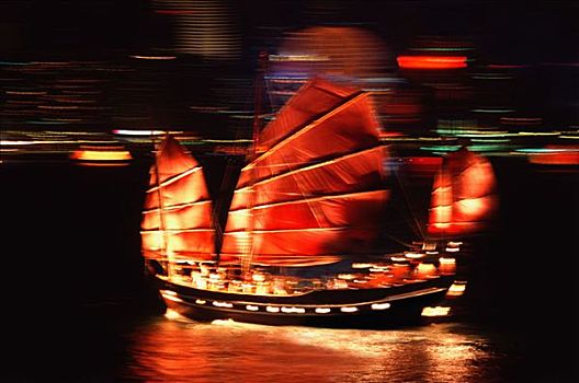 中国,香港,中国帆船,港口,夜晚