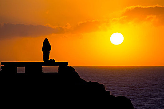 米诺卡岛,橙色,日落,女孩,逆光