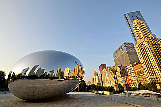 芝加哥,天际线,反射,表面,云,大门,雕塑,豆,千禧年,公园,建筑,中心,广场,千禧公园,伊利诺斯,团结