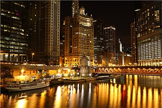 芝加哥,河边,夜晚