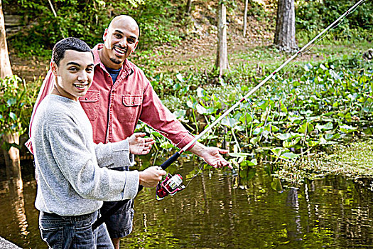 西班牙裔,青少年,父亲,钓鱼,水塘