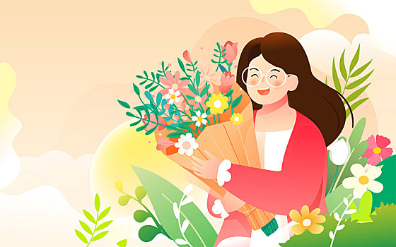 三八婦女節(jié)女生收鮮花禮物文藝清新活動插畫