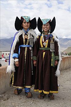 拉达克地区,女人,戴着,传统服装,头饰,青绿色,北印度,喜马拉雅山,亚洲