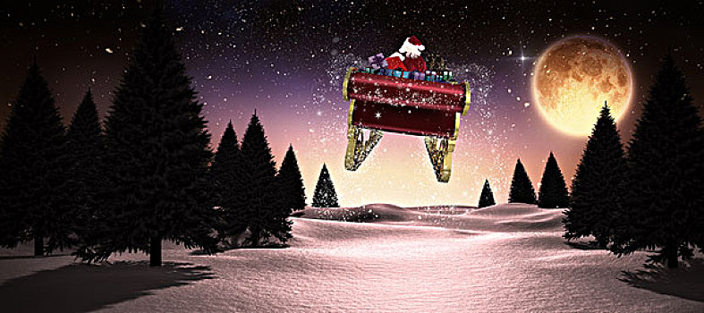 合成效果,图像,圣诞老人,飞,雪撬,满月,上方,雪景