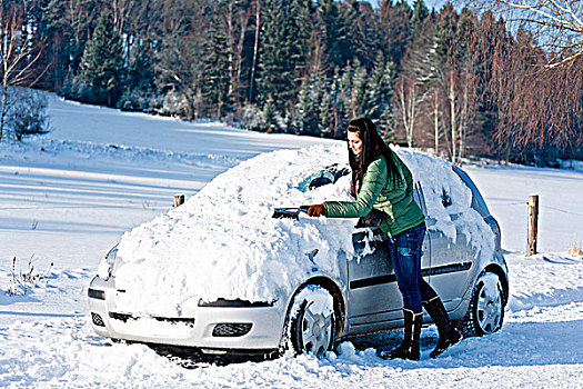 冬天,汽车,女人,雪,挡风玻璃,刷