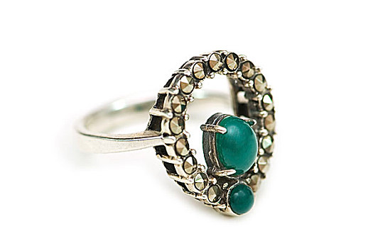 银,戒指,绿色,石头,隔绝,白色背景