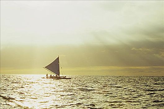 夏威夷,远景,剪影,舷外支架,航行,独木舟,金色,天空,反射,水上
