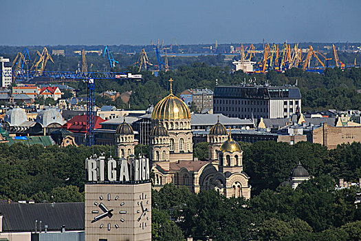 俄国东正教,圣诞,耶稣,大教堂,钟楼,火车站,码头区,起重机,风景,高层建筑,塔,学院,科学,里加,拉脱维亚,欧洲