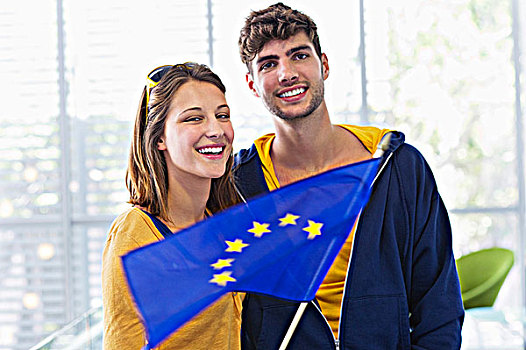 肖像,伴侣,拿着,欧盟盟旗,机场