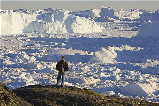 远足者,远眺,峡湾,遮盖,小,片,冰,大,冰山,六月,格陵兰