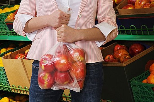 女人,拿着,塑料袋,苹果