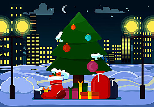 装饰,圣诞树,室外,礼盒,礼物,云杉,靠近,两个,路灯,许多,城市,建筑,晚间,背景,地面,遮盖,雪,冬天,卡通,风格