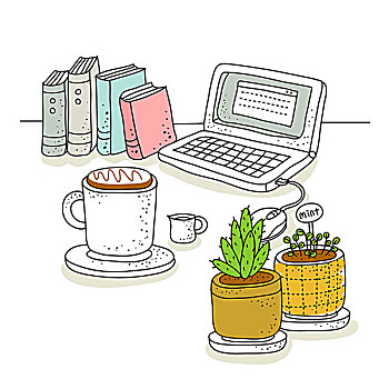 新鲜咖啡,笔记本电脑,盆栽